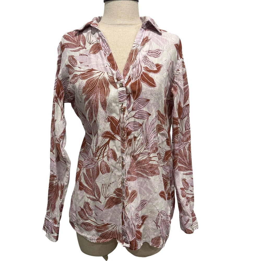 Tahari Womens 100% Linen Floral Button Down Shirt Rust Lavender Size S 646